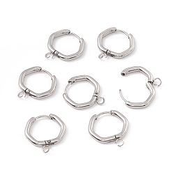 Stainless Steel Color 201 Stainless Steel Hoop Earring Findings, with 316 Stainless Steel Pin and 304 Stainless Steel Horizontal Loops, Hexagon, Stainless Steel Color, 20x19x2.5mm, Hole: 2.5mm, Pin: 1mm