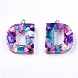 Letter D Transparent Epoxy Resin Pendants, with Shell Slices and Loops, Alphabet, Letter.D, 30.5x23.5x7mm, Hole: 1.6mm