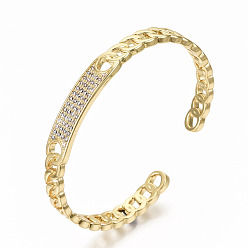 Real 16K Gold Plated Brass Micro Pave Clear Cubic Zirconia Cuff Bangles, Nickel Free, Curb Chain Shape, Real 16K Gold Plated, Inner Diameter: 2-1/4x1-3/4 inch(5.7x4.5cm), 8mm