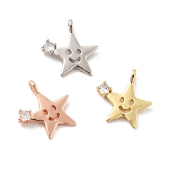 Mixed Color Star with Smiling Face Brass Micro Pave Clear Cubic Zirconia Pendants, Cadmium Free & Lead Free, Mixed Color, 17x16x2.8mm, Hole: 1.8mm