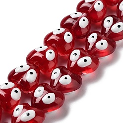 Brique Rouge Chapelets de perles en verre transparentes  , avec l'émail, coeur avec le mauvais œil, firebrick, 14x14x9mm, Trou: 1mm, Environ 30 pcs/chapelet, 12.28'' (31.2 cm)