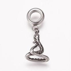Snake 304 Stainless Steel European Dangle Charms, Large Hole Pendants, Antique Silver, Chinese Zodiac, Snake, 27mm, Hole: 5mm, Pendant: 17x11x6mm