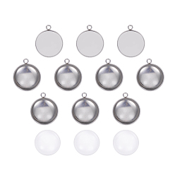 Stainless Steel Color DIY Pendant Making, 304 Stainless Steel Pendant Cabochon Settings and Transparent Glass Cabochons, Flat Round, Stainless Steel Color, Tray: 25mm, 32x28x1mm, Hole: 2mm, 24.5~25x6~7mm, 2pcs/set