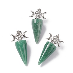 Green Aventurine Natural Green Aventurine Pendants, Cone Charms, with Platinum Tone Brass Triple Moon with Star Findings, Cadmium Free & Nickel Free & Lead Free, 47~50x23x14.5~15mm, Hole: 7.5x5mm