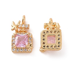 Real 18K Gold Plated Brass Micro Pave Clear Cubic Zirconia Charms, with Pearl Pink Glass, Perfume Bottle with Butterfly, Real 18K Gold Plated, 11x6.7x4mm, Hole: 1.4mm