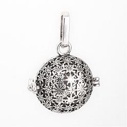Antique Silver Brass Cage Pendants, For Chime Ball Pendant Necklaces Making, Hollow Round with Flower, Antique Silver, 23x23x18mm, Hole: 4x8mm, inner size: 16mm