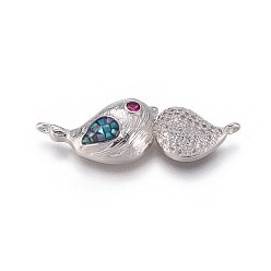 Platinum Brass Micro Pave Cubic Zirconia Links, with Abalone Shell/Paua Shell, Bird, Colorful, Platinum, 12x34x6.8mm, Hole: 1.2mm