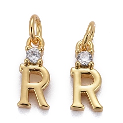 Letter R Brass Micro Pave Clear Cubic Zirconia Pendants, with Jump Rings, Real 18K Gold Plated, Long-Lasting Plated, Letter, Letter.R, 10x4x2mm