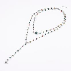 Indian Agate Natural Indian Agate Lariat Necklaces, with Stainless Steel Findings and Yoga Charms, Packing Box, 33 inch(84cm)