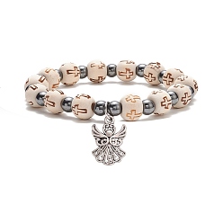 Argent Antique Bracelet extensible en perles de bois et d'hématite synthétique avec breloques en alliage d'ange, bijoux religieux pour femmes, argent antique, diamètre intérieur: 2-1/4 pouce (5.7 cm)
