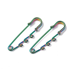Rainbow Color Ion Plating(IP) 304 Stainless Steel Safety Pins Brooch Findings, Kilt Pins with Triple Loops for Lapel Pin Making, Rainbow Color, 51x16x7mm, Hole: 1.8mm, pin: 1.3mm