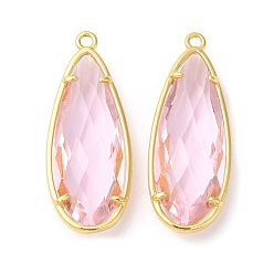 Perlas de Color Rosa Colgantes de resina transparente, dijes en forma de lágrima facetada con accesorios de latón chapado en oro real 18k, sin plomo y cadmio, larga duración plateado, rosa perla, 36.5x14x7.5 mm, agujero: 1.8 mm