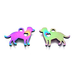 Rainbow Color Placage ionique (ip) 304 pendentifs chiot en acier inoxydable, chien avec des charmes de coeur, couleur arc en ciel, 11x15.5x1mm, Trou: 1.5mm