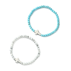 Stainless Steel Color 2Pcs 2 Style Natural Howlite & Synthetic Turquoise & 304 Stainless Steel Cross Beaded Stretch Bracelets Set, Stainless Steel Color, Inner Diameter: 2-1/8 inch(5.5cm), 1Pc/style