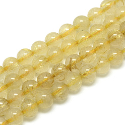 Other Quartz Natural Gold Rutilated Quartz Beads Strands, Round, 8x7.5mm, Hole: 1mm, about 46~49pcs/strand, 15.5 inch