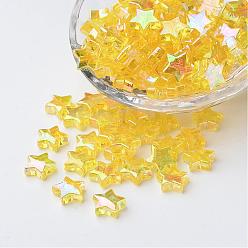 Yellow Eco-Friendly Transparent Acrylic Beads, Star, Yellow, AB Color, about 10mm in diameter, 4mm thick, hole:1.5mm. about 2140pcs/500g