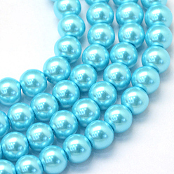 Cyan Hornear cristales de perlas de vidrio pintado, pearlized, rondo, cian, 3~4 mm, agujero: 0.5 mm, sobre 195 unidades / cadena, 23.6 pulgada