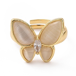 Antique White Cat Eye Butterfly Adjustable Ring with Clear Cubic Zirconia, Real 18K Gold Plated Brass Jewelry for Women, Cadmium Free & Lead Free, Antique White, Inner Diameter: 18~21mm