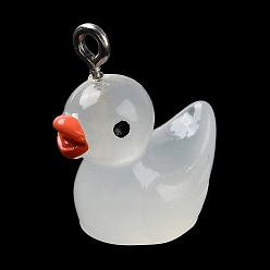 White Luminous Opaque Resin Cartoon Pendants, Duck Charms with Platinum Tone Iron Loops, Glow in the Dark, White, 21.5x17x11.5mm, Hole: 2.3mm