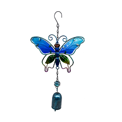 Deep Sky Blue Bell Wind Chimes, Glass & Iron Art Pendant Decorations, Butterfly, Deep Sky Blue, 290x160mm