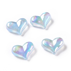 Bleu Ciel Placage uv perles acryliques irisées arc-en-ciel, avec de la poudre de paillettes, cœur, bleu ciel, 16.5x22.5x9mm, Trou: 1.6mm