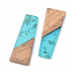 Turquoise Foncé Pendentifs en résine transparente et bois de noyer, une feuille d'or, trapèze, turquoise foncé, 30x12x3mm, Trou: 2mm