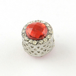 Red Flat Round Antique Silver Tone Alloy Rhinestone European Beads, Large Hole Beads, with Acrylic Rhinestone, Red, 11~12x13~14mm, Hole: 4.5mm