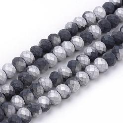 Black Electroplate Glass Beads Strands, Faceted, Half Plated, Matte Style, Rondelle, Black, 6x4.5mm, Hole: 1mm, about 87~90pcs/strand, 15.7 inch