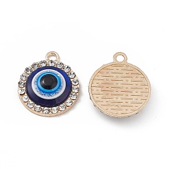 Light Gold Alloy Crystal Rhinestone Pendants, with Resin Evil Eye, Flat Round Charms, Light Gold, 20x16.5x4.5mm, Hole: 1.8mm