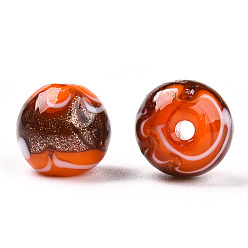Dark Orange Handmade Gold Sand Lampwork Beads, Round, Dark Orange, 9~10x8~10mm, Hole: 1.6mm
