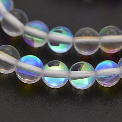 Clair Brins de perles de lune synthétiques rondes, perles holographiques, teint, clair, 8mm, Trou: 1mm, Environ 45~47 pcs/chapelet, 14~15 pouce