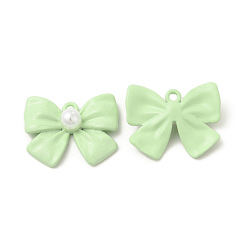 Pale Green Rack Plating Alloy with ABS Plastic Imitation Pearl Pendants, Spray Painted Bowknot Charms, Cadmium Free & Nickel Free & Lead Free, Pale Green, 17.5x22x6mm, Hole: 1.6mm