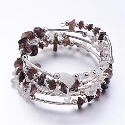 Café Cinq boucles enveloppent enfumés perles de quartz bracelets, avec des copeaux de perles de cristal et de fer perles d'espacement, café, 2 pouces (52 mm)