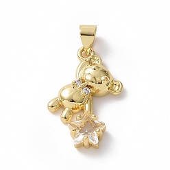 Clear Brass Micro Pave Cubic Zirconia Pendants, Bear with Star Charm, Golden, Clear, 27x15x4.5mm, Hole: 5x4mm