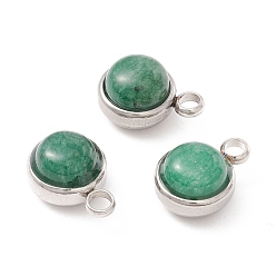 Green Aventurine Natural Green Aventurine Charms, with 304 Stainless Steel Findings, Half Round, Stainless Steel Color, 13.5x10x7.5mm, Hole: 2.5mm