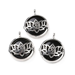 Obsidian Natural Obsidian Locket Pendants, Flat Round Charms, with Platinum Plated Brass Lotus Findings, 31.5x27x9mm, Hole: 4.6mm