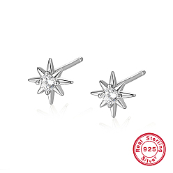 Platinum Rhodium Plated Sterling Silver Stud Earrings for Women, Star, Platinum, 7.2mm