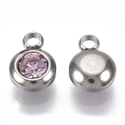 Light Rose Rhinestone Charms, October Birthstone Charms, with 201 Stainless Steel, Flat Round, Stainless Steel Color, Light Rose, 9x6.5x4mm, Hole: 1.8mm