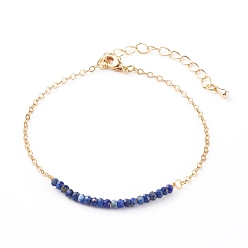 Lapis Lazuli August Birthstone Natural Lapis Lazuli Beaded Bracelets, with Brass Cable Chains, Faceted Round, Golden, 7-1/4 inch(18.5cm)