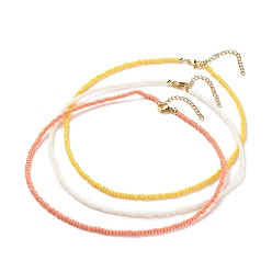 Yellow 3Pcs Glass Seed Beaded Necklaces Set, Stackable Necklace for Women, Yellow, 15.94~16.02 inch(40.5~40.7cm)