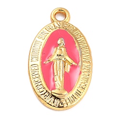 Fuchsia Golden Alloy Enamel Pendants, Long-Lasting Plated, Our Lady of the Miraculous Medal, Oval, Fuchsia, 21x12x1.5mm, Hole: 1.7mm