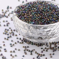 Black 12/0 Glass Seed Beads, Trans.Inside Colours Rainbow Round, Black, 2mm, about 30000pcs/pound