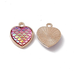 Hot Pink Alloy Pendants, with Opaque Resin, Heart Charms with Scales Pattern, Light Gold, Hot Pink, 17x14x3.5mm, Hole: 1.8mm