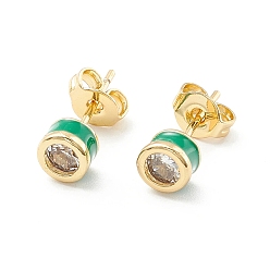 Sea Green Column Cubic Zirconia Stud Earrings with Enamel, Real 18K Gold Plated Brass Earrings for Women, Cadmium Free & Nickel Free & Lead Free, Sea Green, 14.5x5mm, Pin: 0.6mm