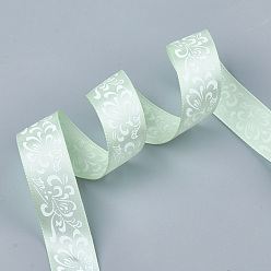 Pale Green Single Face Satin Ribbon, Polyester Ribbon, Flower Pattern, Pale Green, 1 inch(25mm), about 50yards/roll(45.72m/roll)