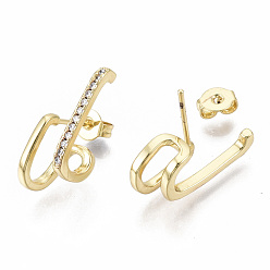 Real 18K Gold Plated Brass Micro Pave Clear Cubic Zirconia Stud Earrings, with Ear Nuts, Nickel Free, Letter H, Real 18K Gold Plated, 19x6mm, Pin: 0.8mm