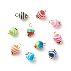 Mixed Color Stripe Resin Charms, with Golden Tone Alloy & Brass Findings, Round, Mixed Color, 13.5~14x8mm, Hole: 2.5~3mm