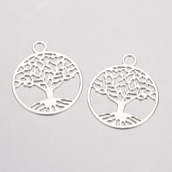 Silver Brass Filigree Pendants, Flat Round with Tree of Life, Cadmium Free & Nickel Free & Lead Free, Silver Color Plated, 23.5x20x0.5mm, Hole: 3mm