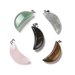 Mixed Stone Natural Gemstone Pendants, with Platinum Tone Brass Findings, Moon, 32~34x13~15x8~9mm, Hole: 2x6mm