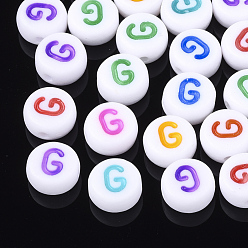 Letter G Perles acryliques initiales, trou horizontal, plat rond, couleur mixte, letter.g, 7x3.5~4mm, Trou: 1.2mm, environ3700 pcs / 500 g
